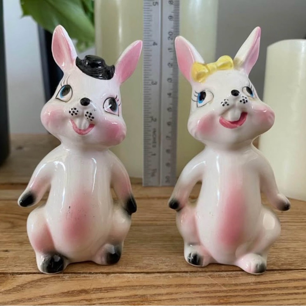 Mid-Century Anthropomorphic Bunny Couple Salt and Pepper Shakers | Hand Painted